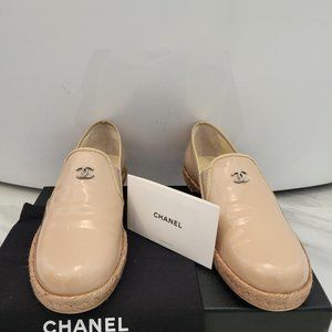 Chanel Beige Patent Leather Espadrille Flats